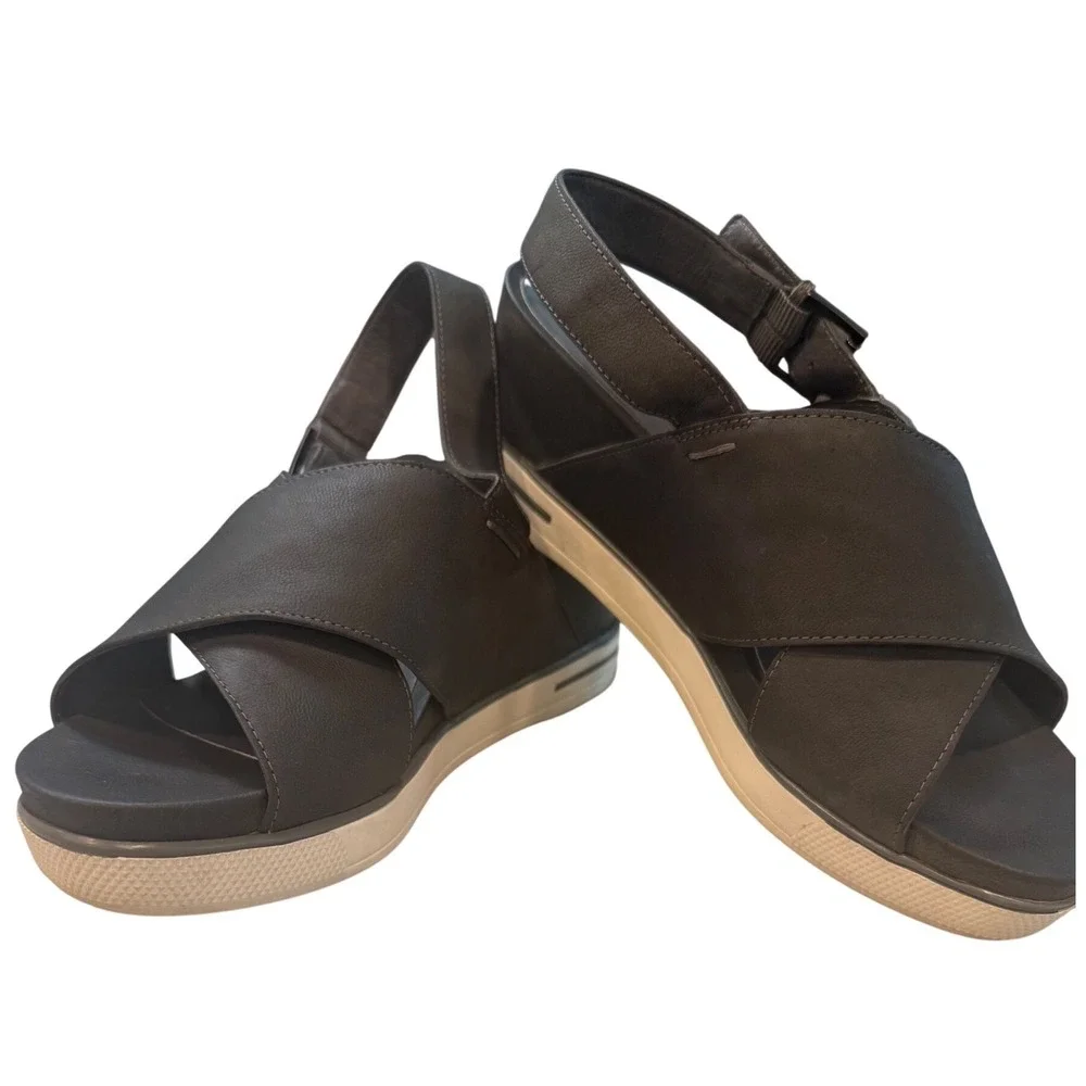 Eileen Fisher Graphite Nubuck Platform Sandals Wedge 7.5M Grey Comfort